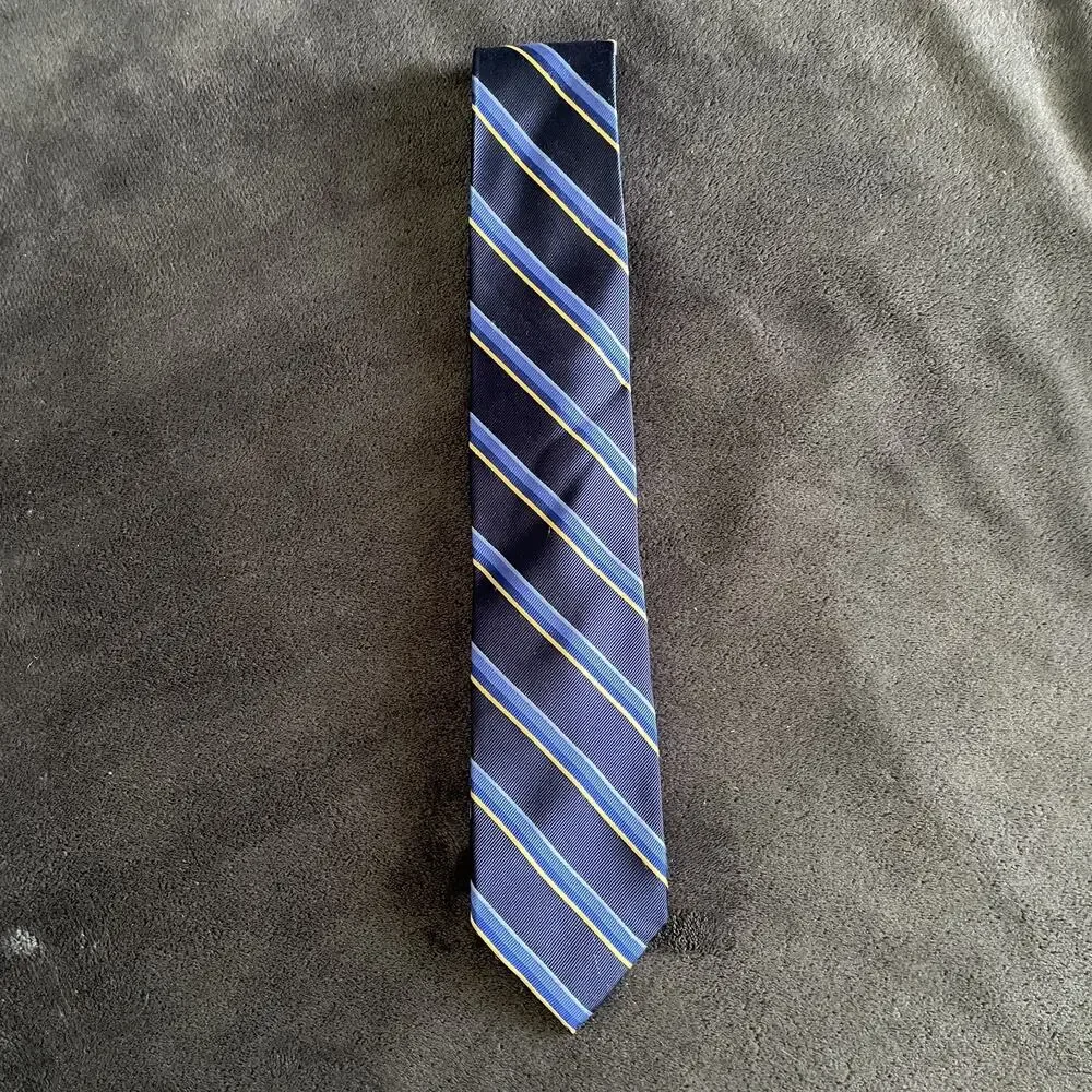 Chaps Men 100% Silk Handmade Traditional Neck Tie  Repp Tie Blue Gold Stripe